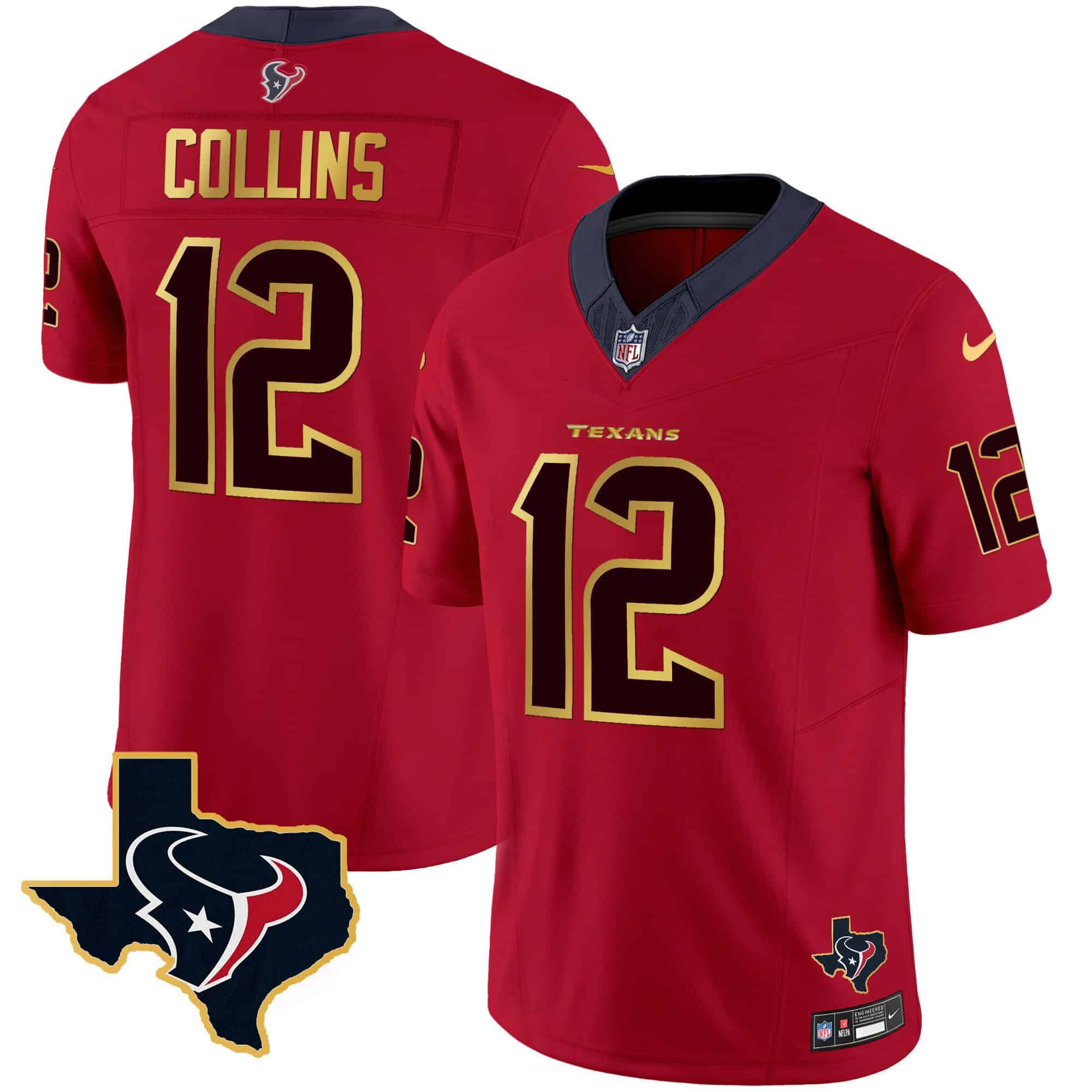 Men Houston Texans #12 Collins Red Gold 2024 Nike Trim Vapor NFL Jersey